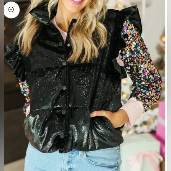 Grace & Emma Shimmer Ruffle Sleeve Puffer Vest - Picture 1 of 4